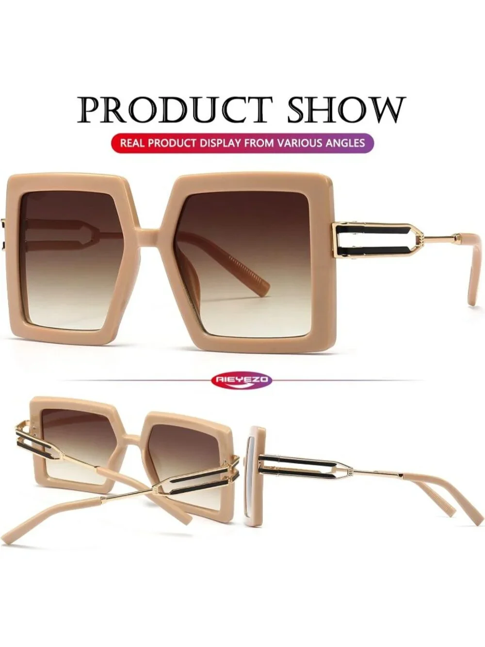 Women's Square Fashion Big Large Frame Sun Glasses UV400 Protection Beige Brown
